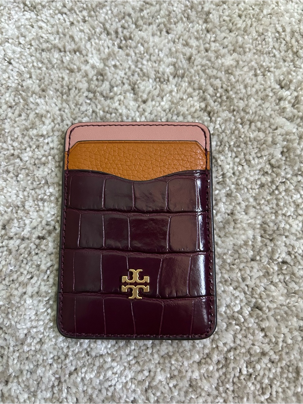 Tory Burch Burgundy Croc-Embossed Card Case with Pink and Tan Accents